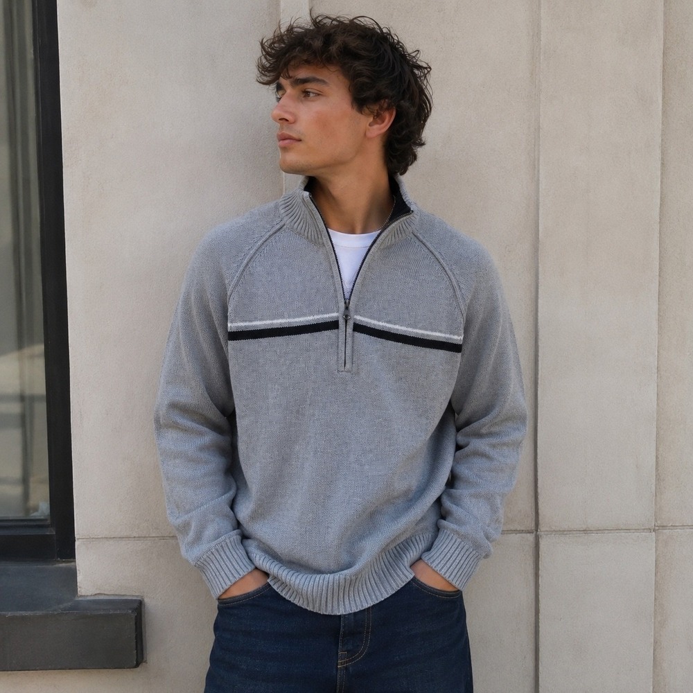 Aeropostale Mens XL Quarter Zip Sweater Gray Cotton Knit Striped Pullover
